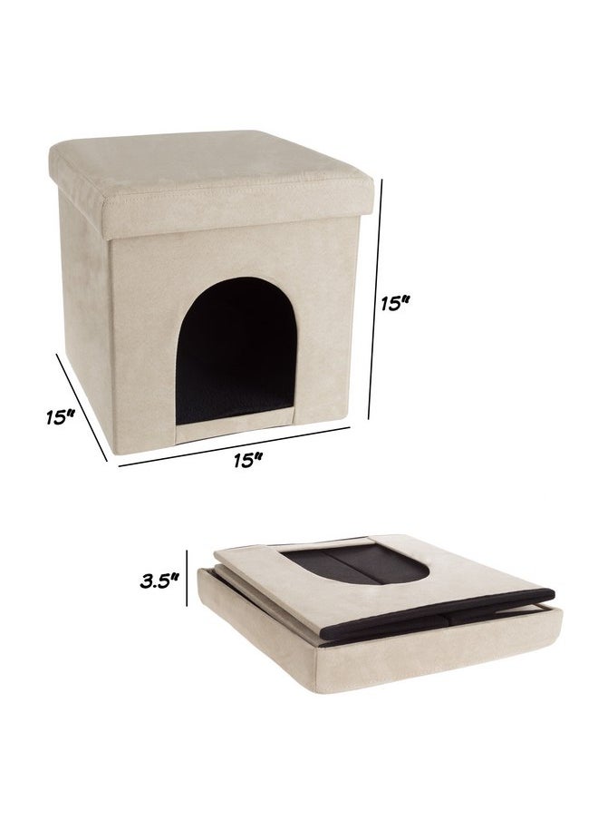 Pet House Ottoman - Collapsible Multipurpose Small Dog or Cat Bed Cube and Footrest with Cushion Top and Interior Pillow by PETMAKER (Microsuede Tan)
