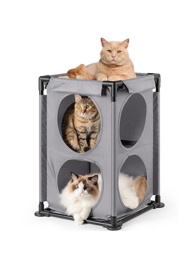 JUNSPOW 2-Level Cat House&Condo, 2-Story Cat Beds for Indoor Cats, Elevated Cat Cave for Multiple Cats, Outside Cat House, Stable and Easy to Assemble, 15.75'' x 15.75'' x 25.2''inches, Grey