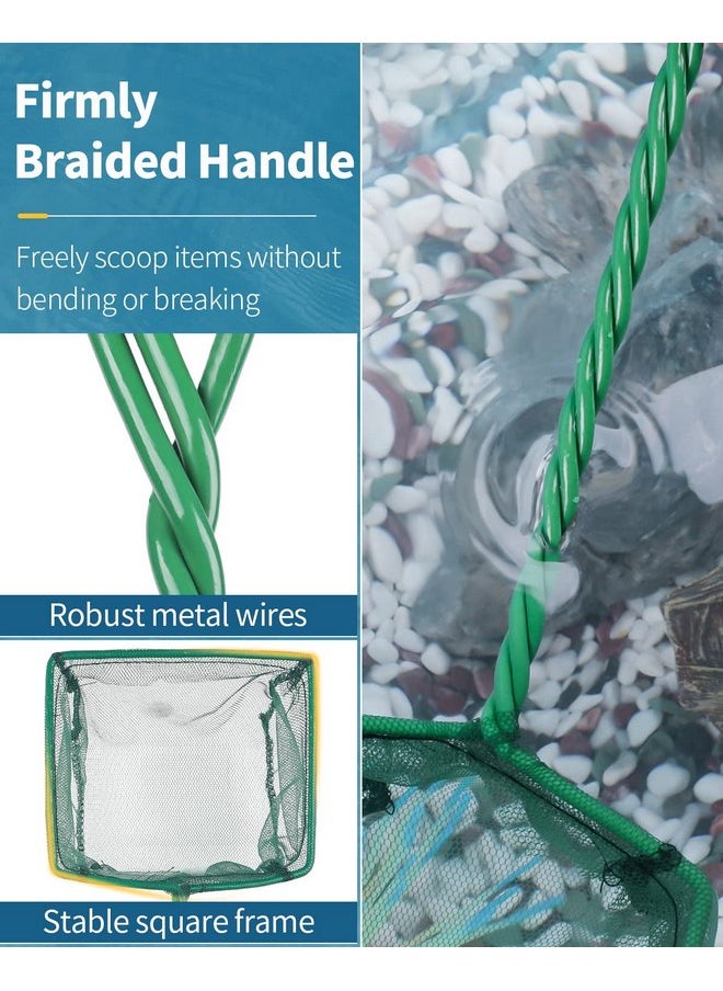 Pawfly 4 Inch Aquarium Fish Net with Braided Metal Handle Small Square Net with Soft Fine Mesh Sludge Food Residue Wastes Skimming Cleaning Net for Fish Tanks Small Koi Ponds and Pools