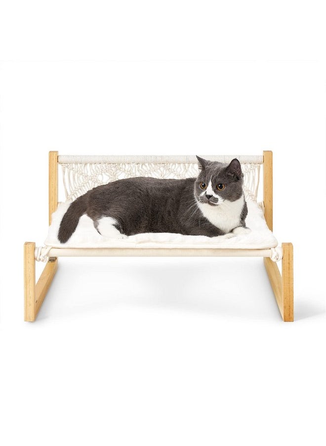 Mkono Boho Cat Bed Hammock with Blanket, Macrame Elevated Pet Bed for Indoor, Floor Standing Breathable Cat Chair 21 X 16.7 Inch Pet Resting Hammock Cat Furniture Gift for Cats and Small Dogs