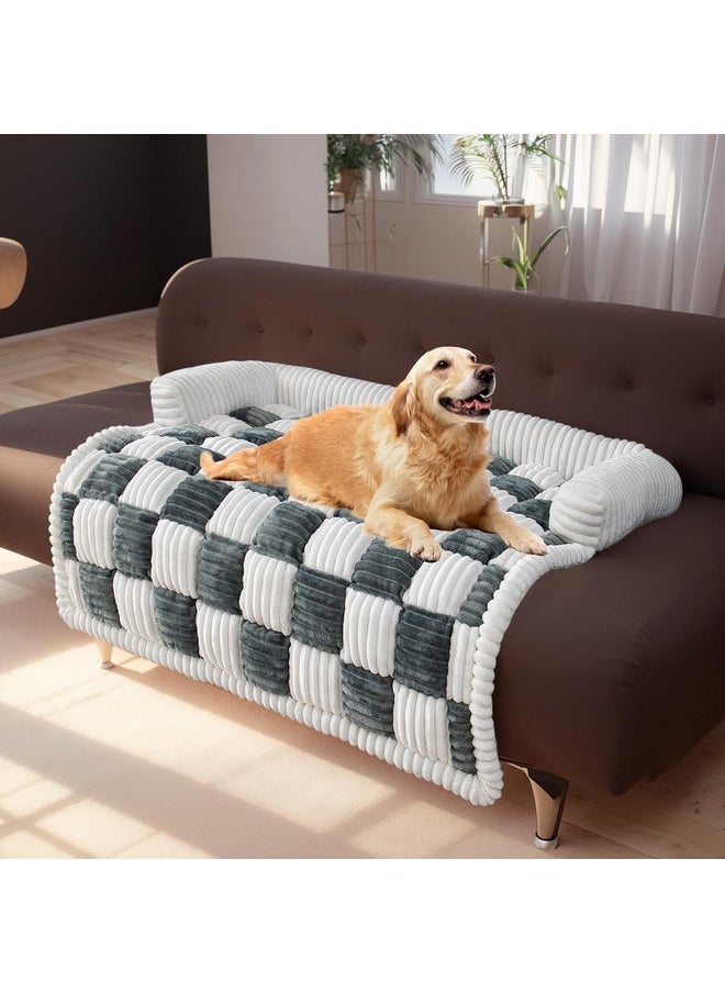 LiveGo Fuzzy Pet Couch Covers for Sofa, Dog Couch Cover Fuzzy Sofa Cover Cream Square Plaid Dog Bed Plush Dog Mat for Furniture Protector for Large Medium Dogs and Cats (Blue Gray, 35.4