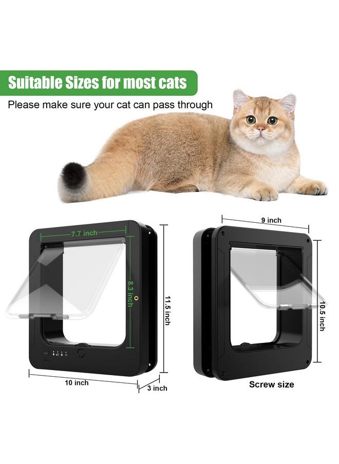 Smart Cat Door for Interior & Exterior, Microchip Cat Pet Door with 2 Collar Sensor Keys & 1 Remote Control & 4 Way Locking Cat Flap with RFID Collar Activated Automatic Opening Cat Door (Black)