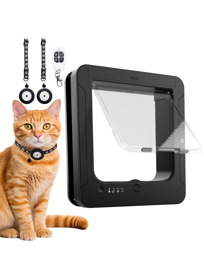 Smart Cat Door for Interior & Exterior, Microchip Cat Pet Door with 2 Collar Sensor Keys & 1 Remote Control & 4 Way Locking Cat Flap with RFID Collar Activated Automatic Opening Cat Door (Black)