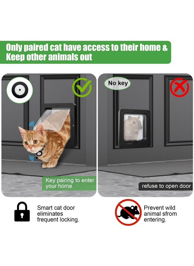 Smart Cat Door for Interior & Exterior, Microchip Cat Pet Door with 2 Collar Sensor Keys & 1 Remote Control & 4 Way Locking Cat Flap with RFID Collar Activated Automatic Opening Cat Door (Black)