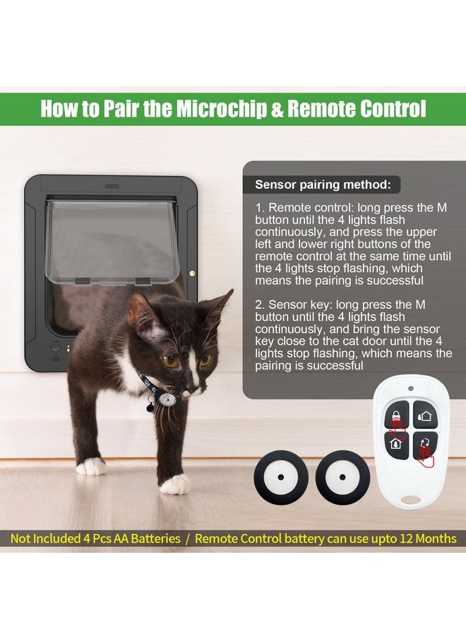 Smart Cat Door for Interior & Exterior, Microchip Cat Pet Door with 2 Collar Sensor Keys & 1 Remote Control & 4 Way Locking Cat Flap with RFID Collar Activated Automatic Opening Cat Door (Black)