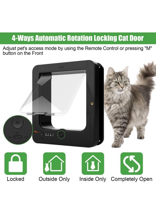 Smart Cat Door for Interior & Exterior, Microchip Cat Pet Door with 2 Collar Sensor Keys & 1 Remote Control & 4 Way Locking Cat Flap with RFID Collar Activated Automatic Opening Cat Door (Black)
