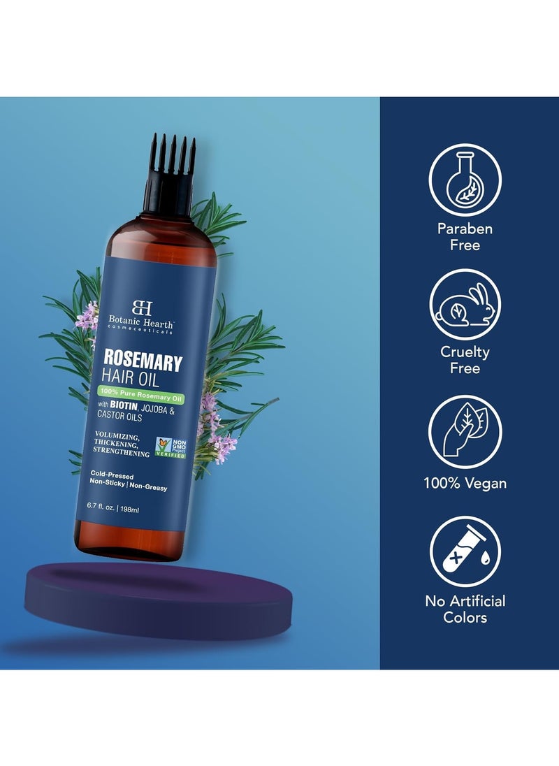 Botanic Hearth 100% Pure Rosemary Oil For Hair Growth Infused With Biotin Nourishing and Volumizing With Jojoba Oil and Castor Oil Hair Oil with Applicator Scalp Massager for Hair Growth 198 ML