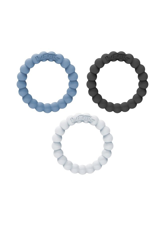 Dr. Brown's Flexees Beaded Teether Rings, 100% Silicone, Soft & Easy to Hold, Encourages Self-Soothe, 3 Pack, Blue, Light Blue, Black, BPA Free, 3m+