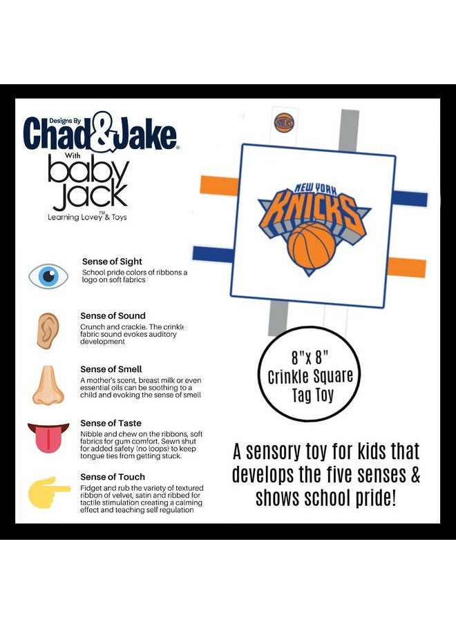 The Learning Lovey New York Knicks Baby Tag Toy - NBA Basketball - Baby Sensory Crinkle Toys - Soft & Safe - Ideal Baby Stroller Toy - BPA Free w/Stroller Clip (8 x 8 Tag Toy)