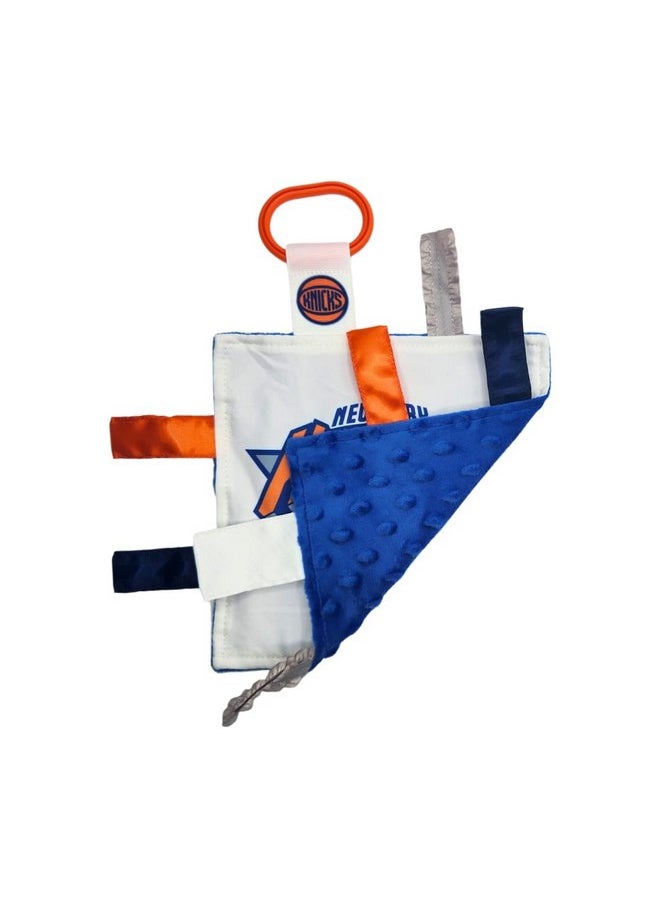 The Learning Lovey New York Knicks Baby Tag Toy - NBA Basketball - Baby Sensory Crinkle Toys - Soft & Safe - Ideal Baby Stroller Toy - BPA Free w/Stroller Clip (8 x 8 Tag Toy)