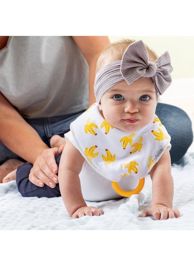 Dr. Brown’s Bandana Bib with Snap-On Removable Teether, Cotton Baby Bib with Soft Fleece Lining for Teething & Drooling, 3m+, 2-Pack, Black Stripes & Bananas