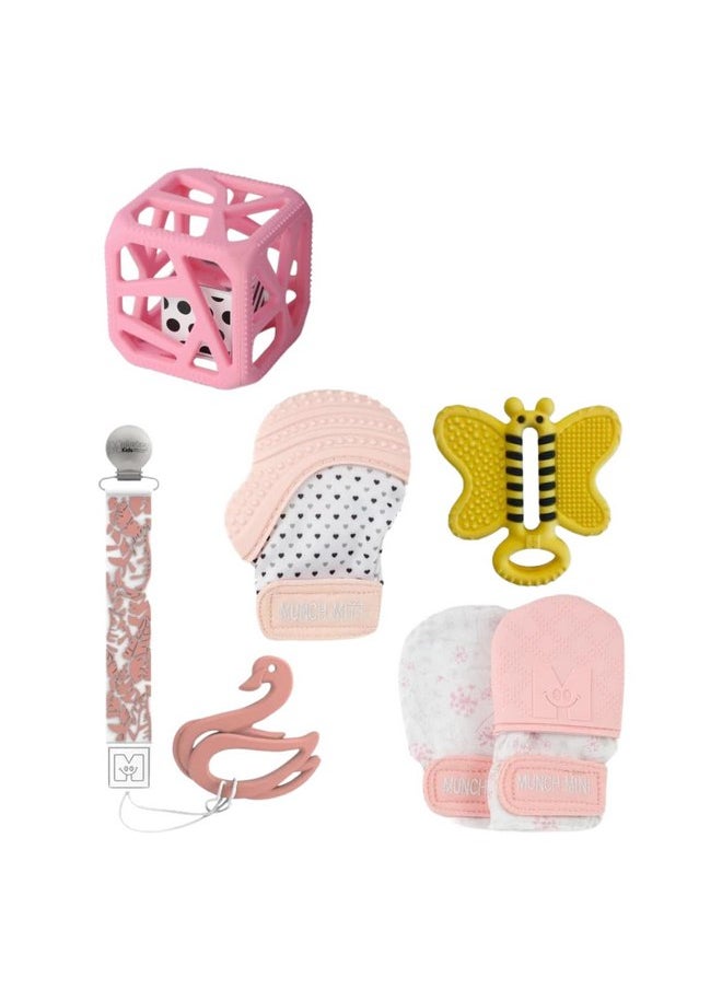 Malarkey Kids 5-Pack Gift Set - Featuring Munch Mini, Munch Mitt, Baby Chew Cube, Teether Tether, Toothbrush Teething Bundle - Ideal for Boys & Girls - Pastel Peace, (Ages 3+ Months)