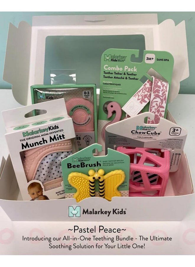 Malarkey Kids 5-Pack Gift Set - Featuring Munch Mini, Munch Mitt, Baby Chew Cube, Teether Tether, Toothbrush Teething Bundle - Ideal for Boys & Girls - Pastel Peace, (Ages 3+ Months)