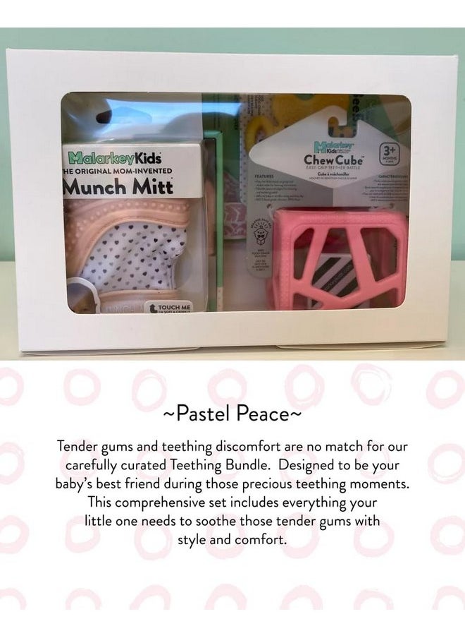 Malarkey Kids 5-Pack Gift Set - Featuring Munch Mini, Munch Mitt, Baby Chew Cube, Teether Tether, Toothbrush Teething Bundle - Ideal for Boys & Girls - Pastel Peace, (Ages 3+ Months)