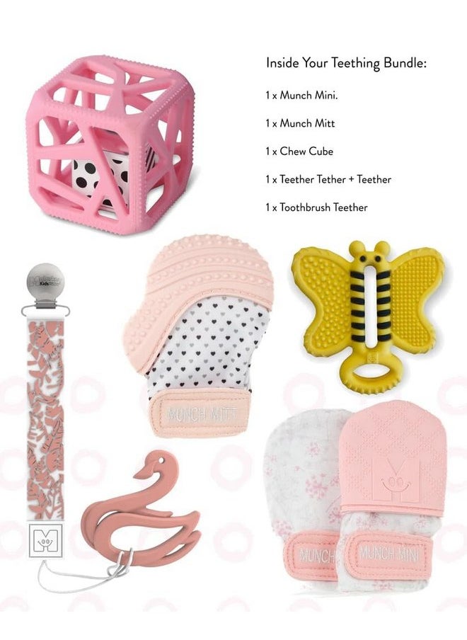 Malarkey Kids 5-Pack Gift Set - Featuring Munch Mini, Munch Mitt, Baby Chew Cube, Teether Tether, Toothbrush Teething Bundle - Ideal for Boys & Girls - Pastel Peace, (Ages 3+ Months)