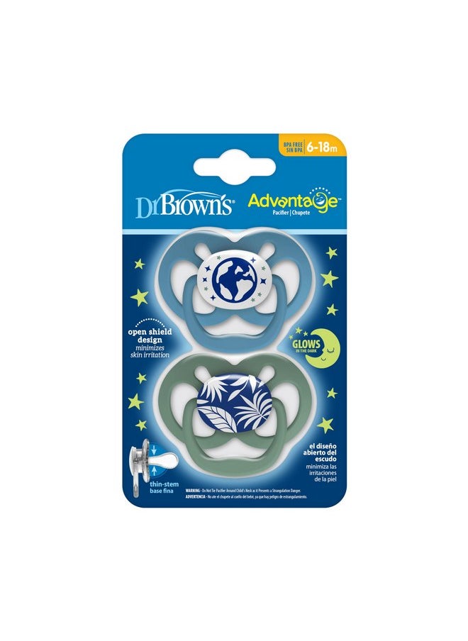 Dr. Brown's Advantage Baby Pacifiers, Glow-in-The-Dark, 6 -18 Month Pacifiers, Blue, 2 Count