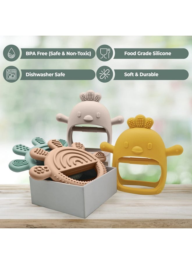 Petite Bee - Silicone Baby Teether Animal Toy Sunshine and Chicken Never Drop Soothing Pacifier & Infant Chew Toy (2 Pack, Yellow & Green)
