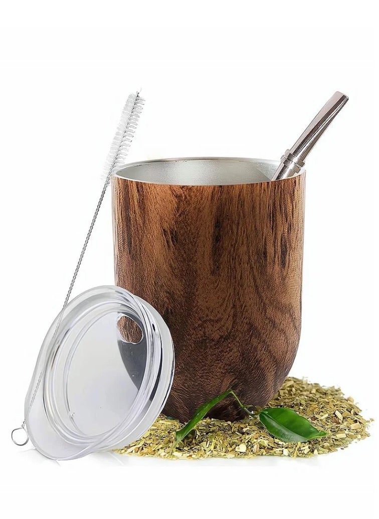 Yerba Mate Tea Cup Set, Includes Bombilla Straw, Lid and Cleaning Brush, Stainless Steel Double-Walled Tea Cup for Yerba Mate Loose Leaf Drinking, Easy to Clean, Natural Brown, 12 Ounces