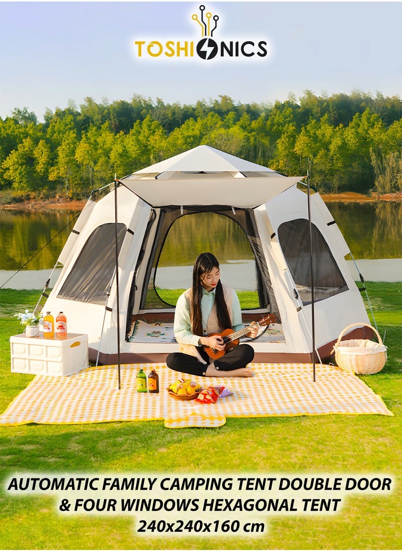 Automatic Family Camping Tent 4-6 Person Waterproof Cabin Tent Easy Setup One-Touch Tent Spacious Size Sunshade Tent Simple Tent Lightweight and Insect Repellent Outdoor Beach Tent with Double Doors and 4 Windows 240x240x160 cm, 4.05 kg