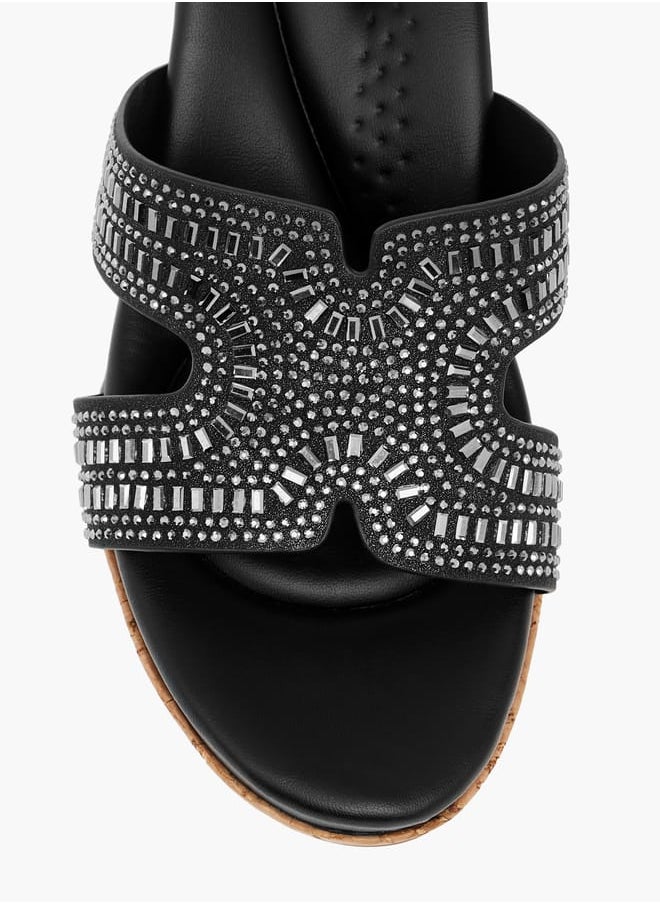 Women's Stone Embellished Slip-On Sandals with Block Heels Ramadan Collection