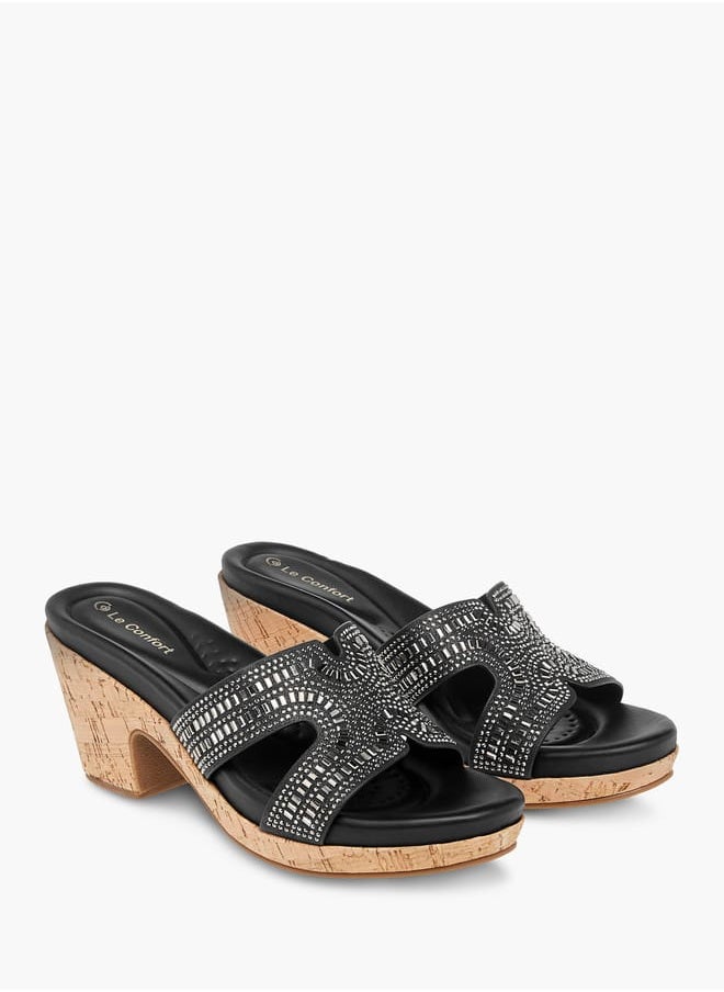 Women's Stone Embellished Slip-On Sandals with Block Heels Ramadan Collection