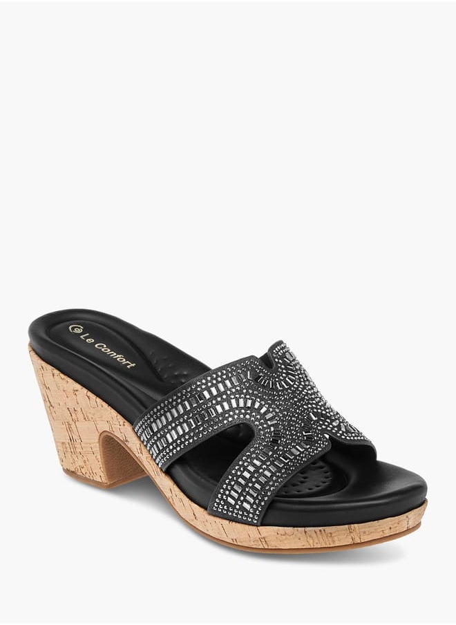 Women's Stone Embellished Slip-On Sandals with Block Heels Ramadan Collection