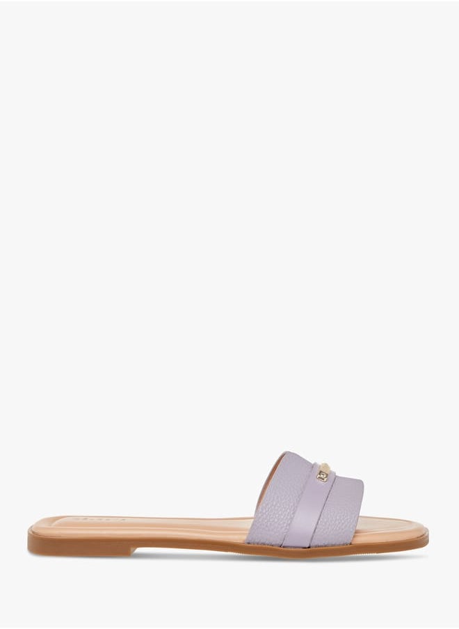 Women's Textured Slip-On Flat Sandals with Metal Accent