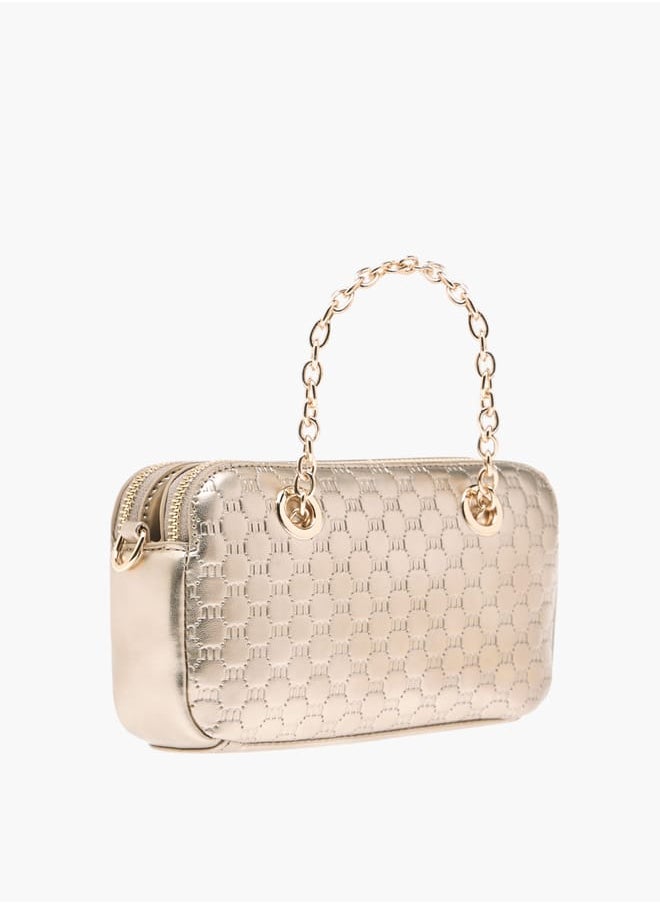 Women Logo Embossed Crossbody Bag with Detachable Strap and Zip Closure