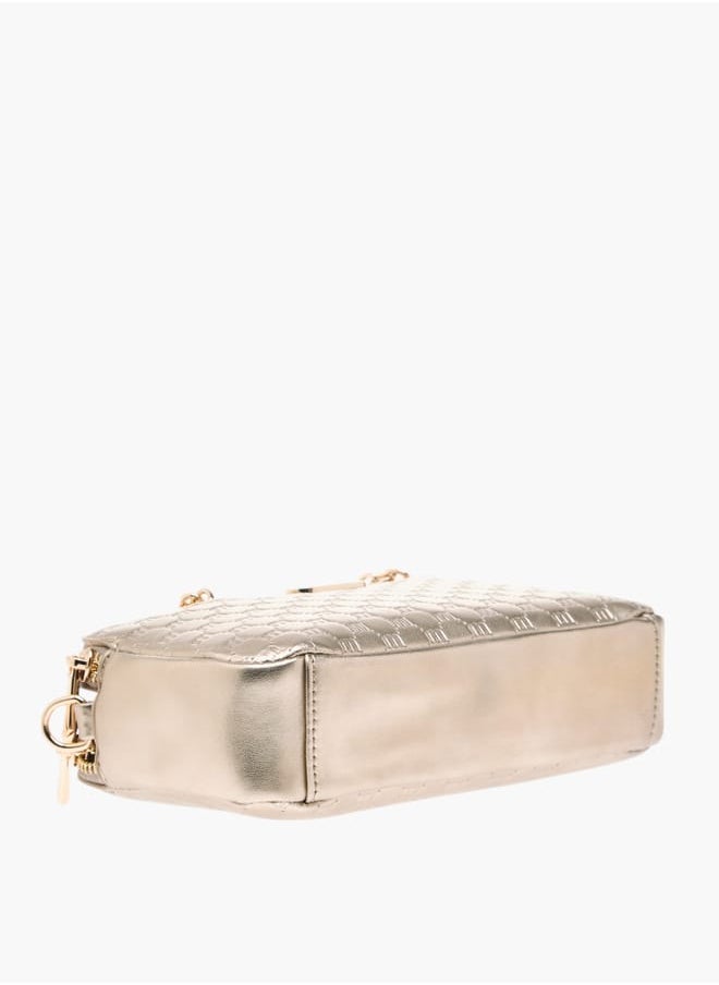 Women Logo Embossed Crossbody Bag with Detachable Strap and Zip Closure