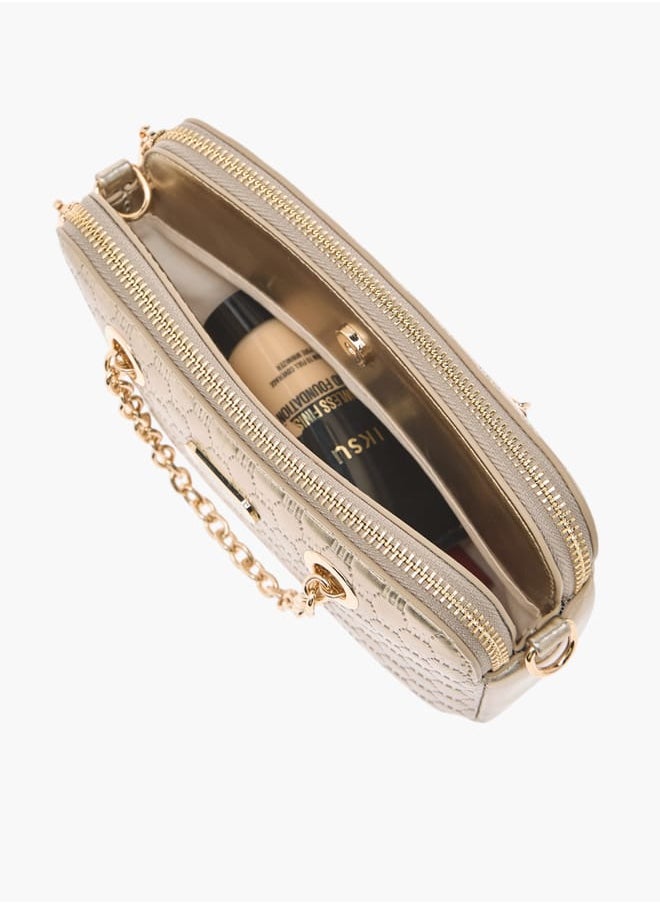 Women Logo Embossed Crossbody Bag with Detachable Strap and Zip Closure