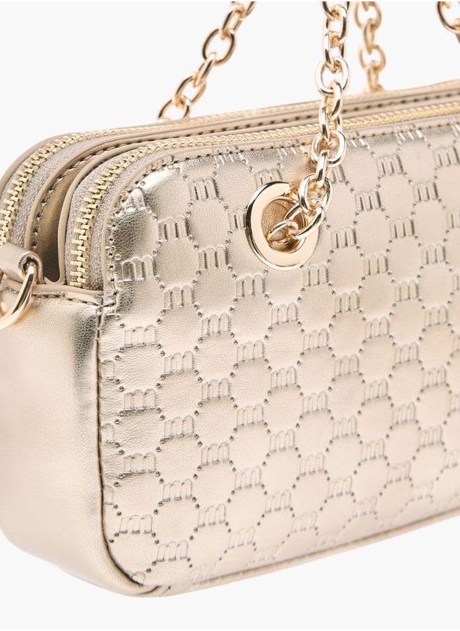 Women Logo Embossed Crossbody Bag with Detachable Strap and Zip Closure