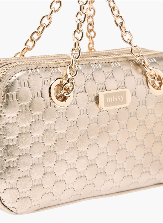 Women Logo Embossed Crossbody Bag with Detachable Strap and Zip Closure