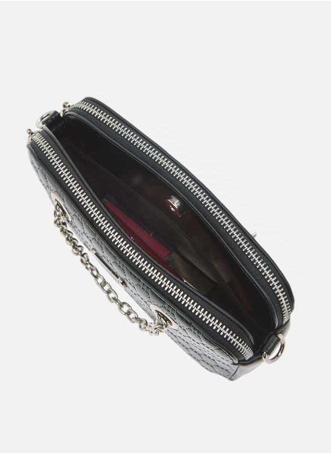 Women Logo Embossed Crossbody Bag with Detachable Strap and Zip Closure