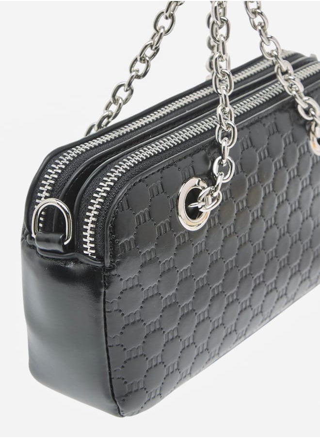 Women Logo Embossed Crossbody Bag with Detachable Strap and Zip Closure