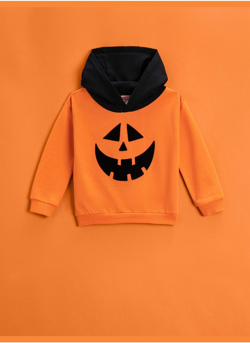 Pumpkin Printed Hoodie Color Contrast