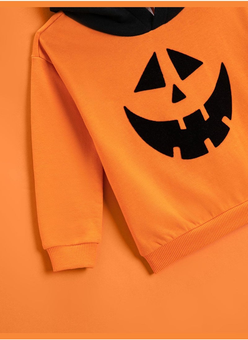 Pumpkin Printed Hoodie Color Contrast