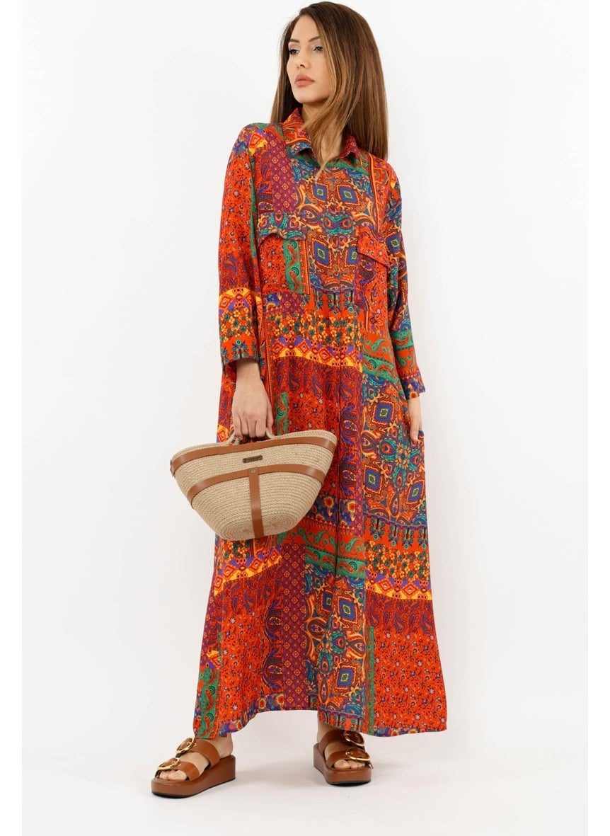 Prive Women's Ethnic 100% Viscose Red Shirt Collar Front Buttoned Long Summer Dress
