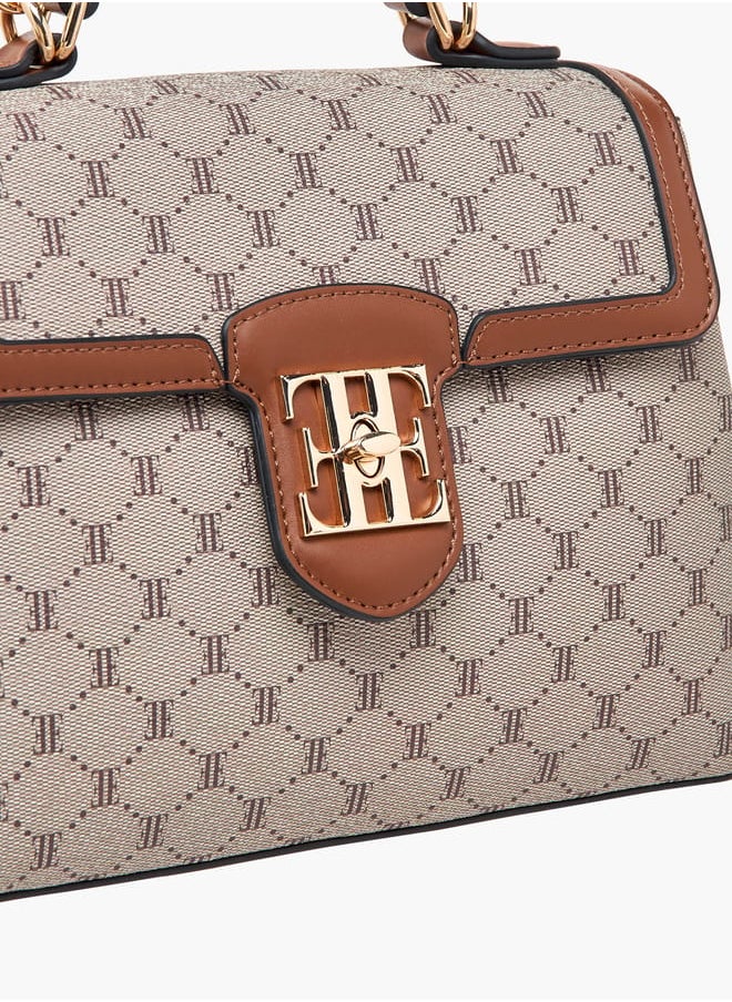 Women Monogram Print Satchel Bag with Top Handle and Detachable Strap