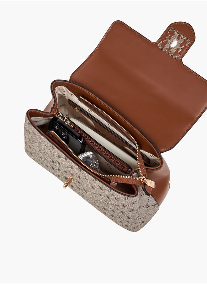 Women Monogram Print Satchel Bag with Top Handle and Detachable Strap