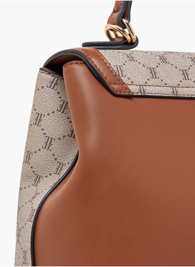 Women Monogram Print Satchel Bag with Top Handle and Detachable Strap