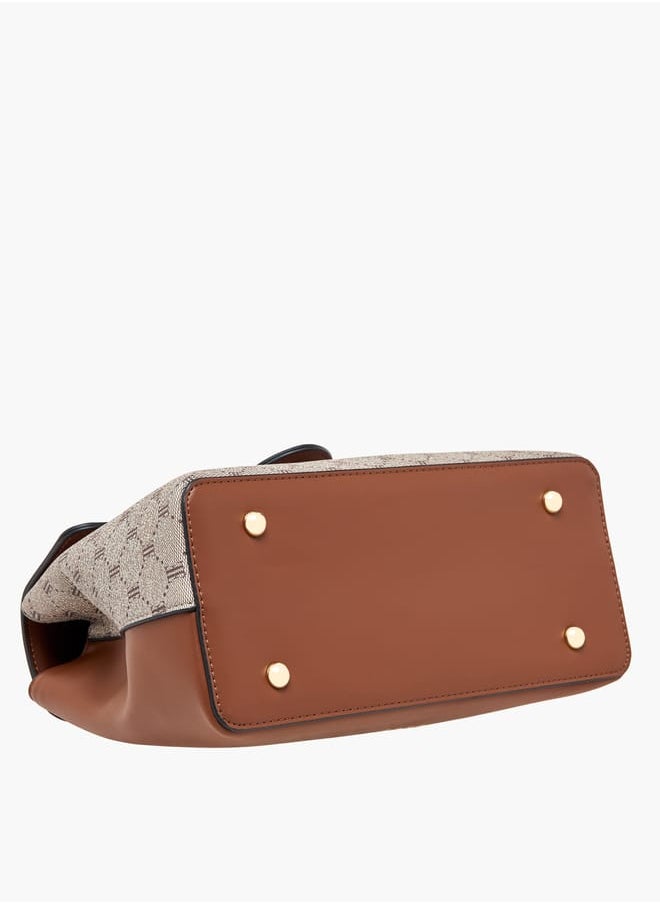 Women Monogram Print Satchel Bag with Top Handle and Detachable Strap