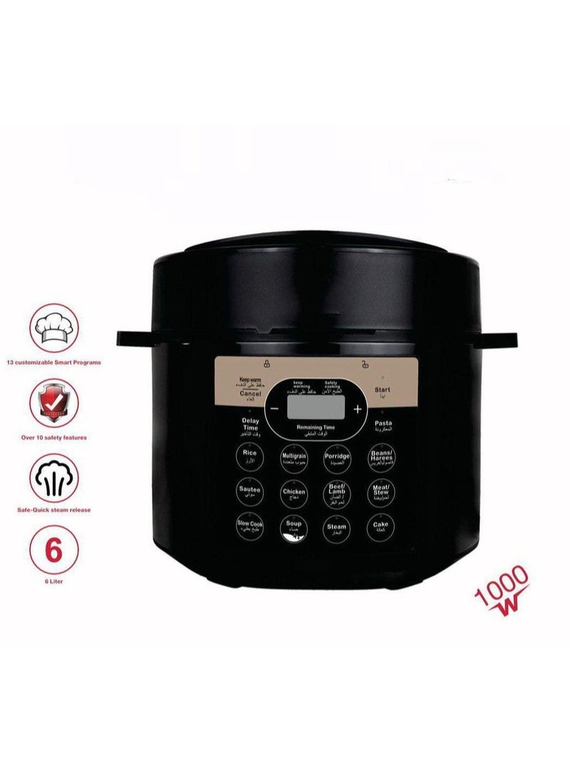 7 in 1 Digital Electric Pressure Cooker – 6L Multi-Cooker, Food Warmer & Steamer with 13 Smart Programs, 10 Safety Features, Heavy-Duty Black Design for Rice, Meat, Steam, Mutton, Harees & More