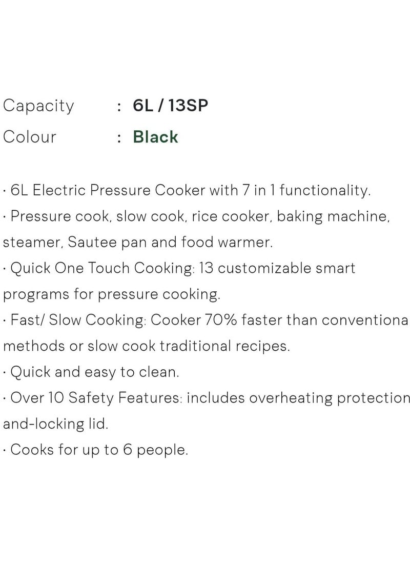 7 in 1 Digital Electric Pressure Cooker – 6L Multi-Cooker, Food Warmer & Steamer with 13 Smart Programs, 10 Safety Features, Heavy-Duty Black Design for Rice, Meat, Steam, Mutton, Harees & More