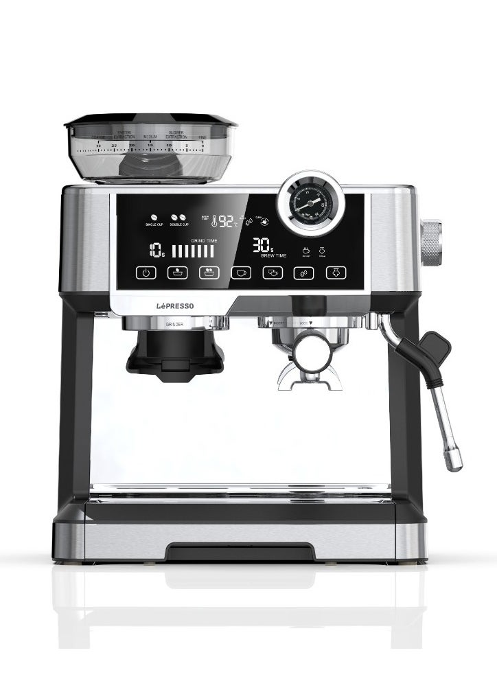 Espresso Machine Dual Boiler /Milk Frothing Nozzle / Automatic Shutdown / Adjustable Grinder /Pressure Gauge / Large Tank Capacity Coffee Machine /Cup Warmer - Silver