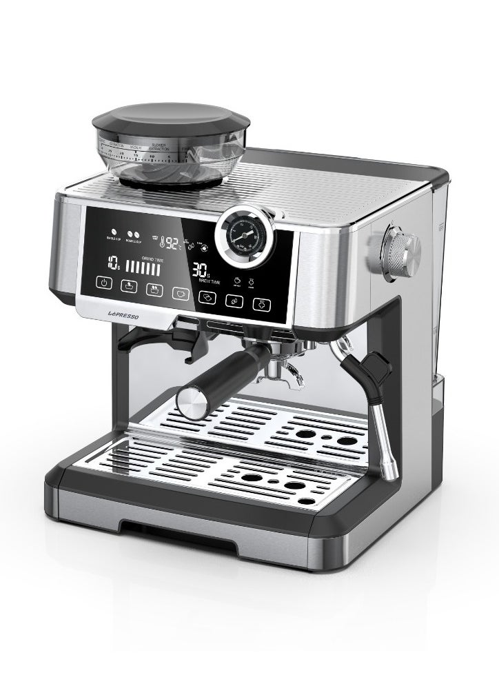 Espresso Machine Dual Boiler /Milk Frothing Nozzle / Automatic Shutdown / Adjustable Grinder /Pressure Gauge / Large Tank Capacity Coffee Machine /Cup Warmer - Silver