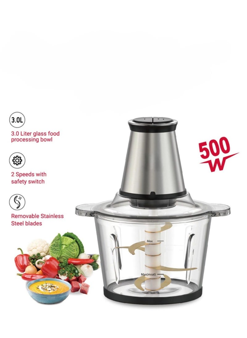 Electric Food Chopper Glass Bowl– 3L Large Capacity, Stainless Steel Blades, 2-Speed Control with Safety Switch, Powerful Food Processor for Vegetables, Meat & Fruits