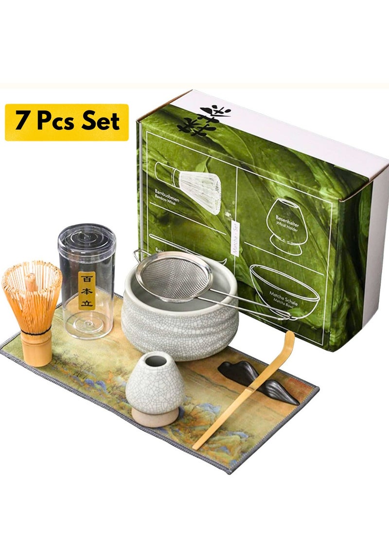 Japanese Matcha Tea Set, 7Pcs Matcha Whisk Set with Matcha Bowl, Matcha Bamboo Whisk, Scoop, Whisk Holder, Stainless Steel Tea Sifter, Tea Making Kit