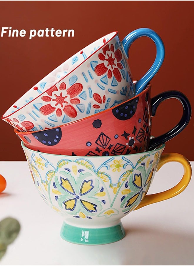 Large Coffee Mugs Sets of 4, 420ml Footed Coffee Cups Set for Latte Cappuccino Hot Chocolate Soup, Hand-Painted Traditional Farmhouse Pattern