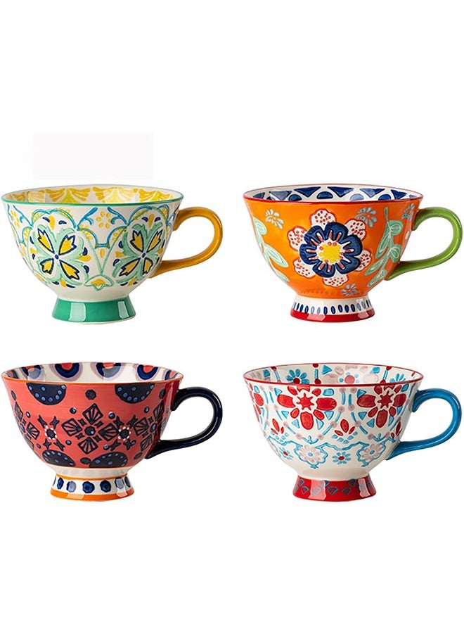 Large Coffee Mugs Sets of 4, 420ml Footed Coffee Cups Set for Latte Cappuccino Hot Chocolate Soup, Hand-Painted Traditional Farmhouse Pattern