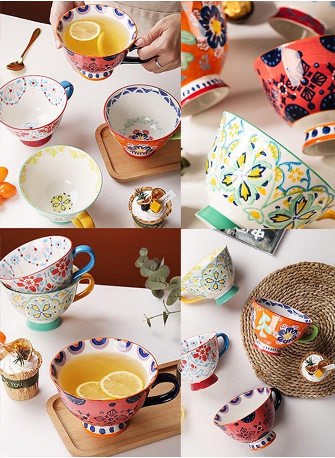Large Coffee Mugs Sets of 4, 420ml Footed Coffee Cups Set for Latte Cappuccino Hot Chocolate Soup, Hand-Painted Traditional Farmhouse Pattern
